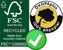 Die auf dem Bild gezeigten Papierlogos "FSC Recycled" und "ÖKOPAplus" sind empfehlenswert.